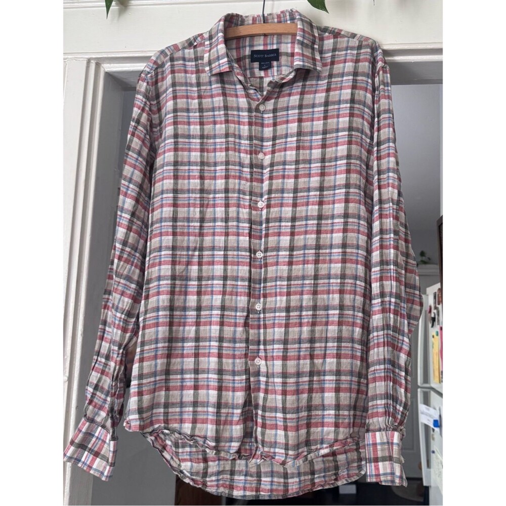 Scott Barber Mens Shirt plaid linen button up size large red cream tan blue